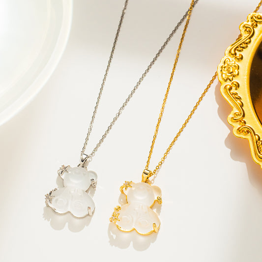 Minimalist Bear and Star Pendant Necklace for Women in Titanium Steel with Gold Plating on O-Chain