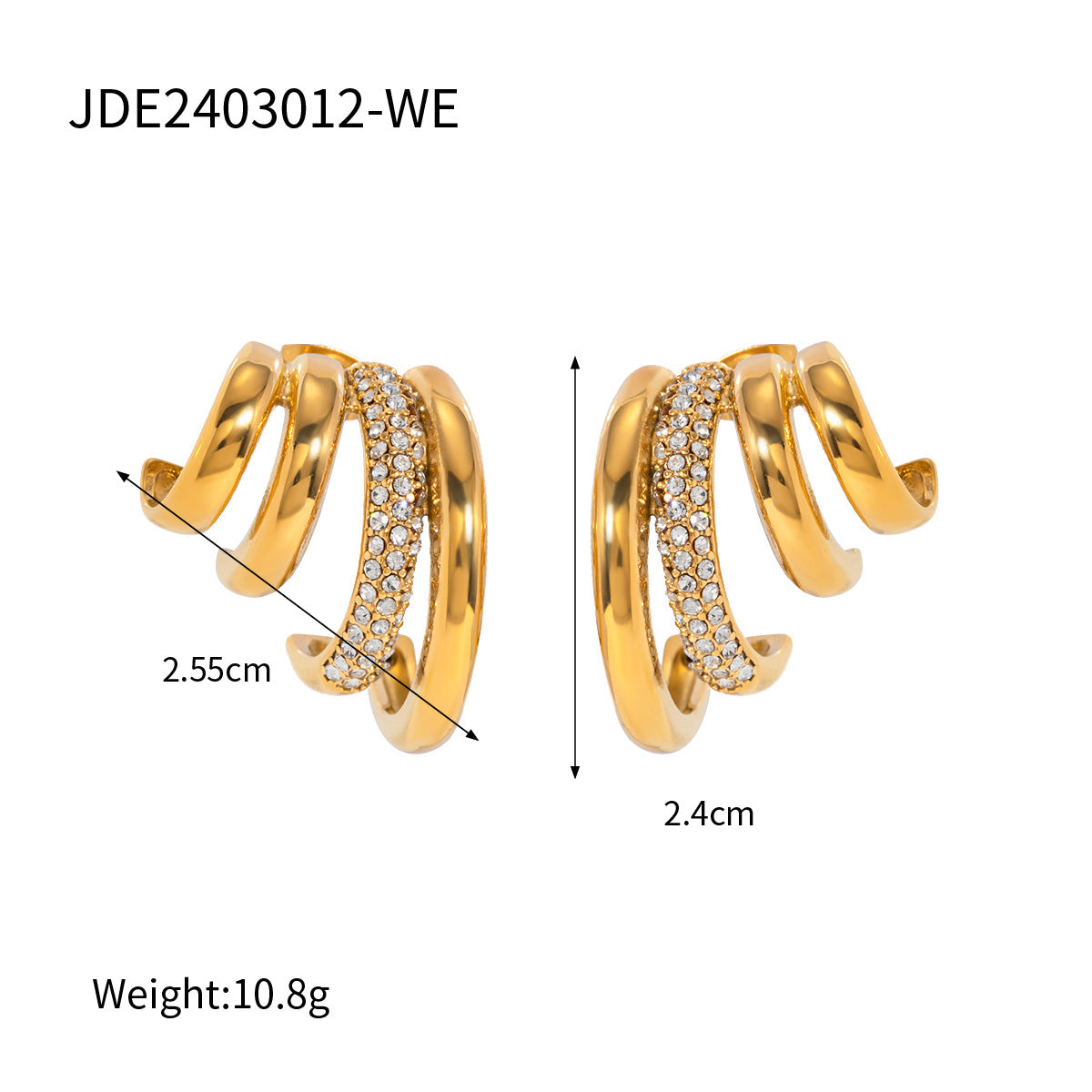 Minimalist Four-Layer C-Shaped Titanium Steel Earrings with 18K Gold Plating and White Rhinestone Accents for Women