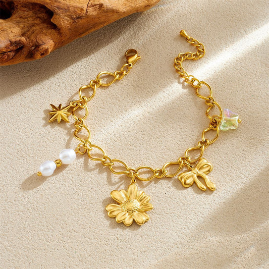 Vintage Elegant Gold Plated Floral Pearl Pendant Stainless Steel Bracelet