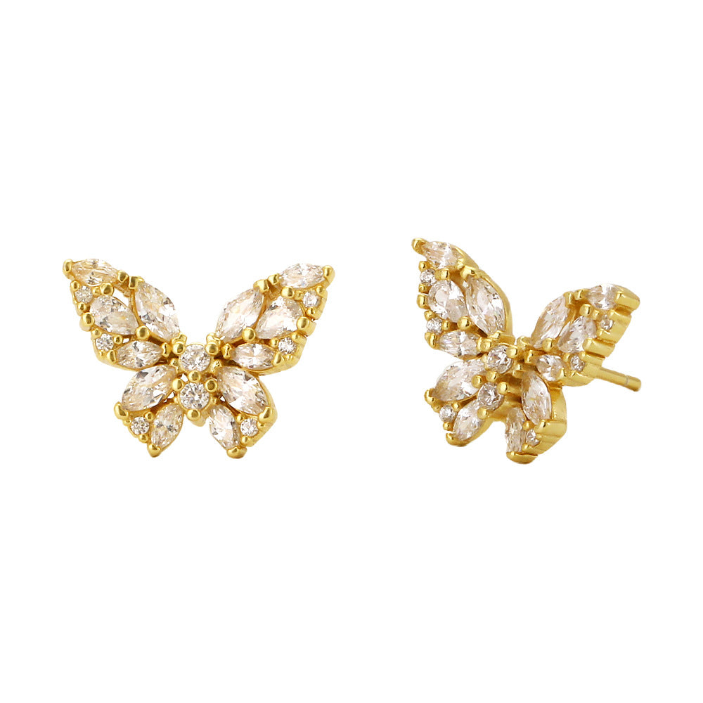 Orecchini a Perno in Argento Sterling S925 a Forma di Farfalla Dolce e Audace con Intarsio di Strass e Finitura Placcata