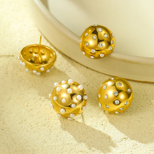 Vintage Style Hemispherical Stainless Steel Earrings with 18K Gold Plating and Pearl Inlay for Women