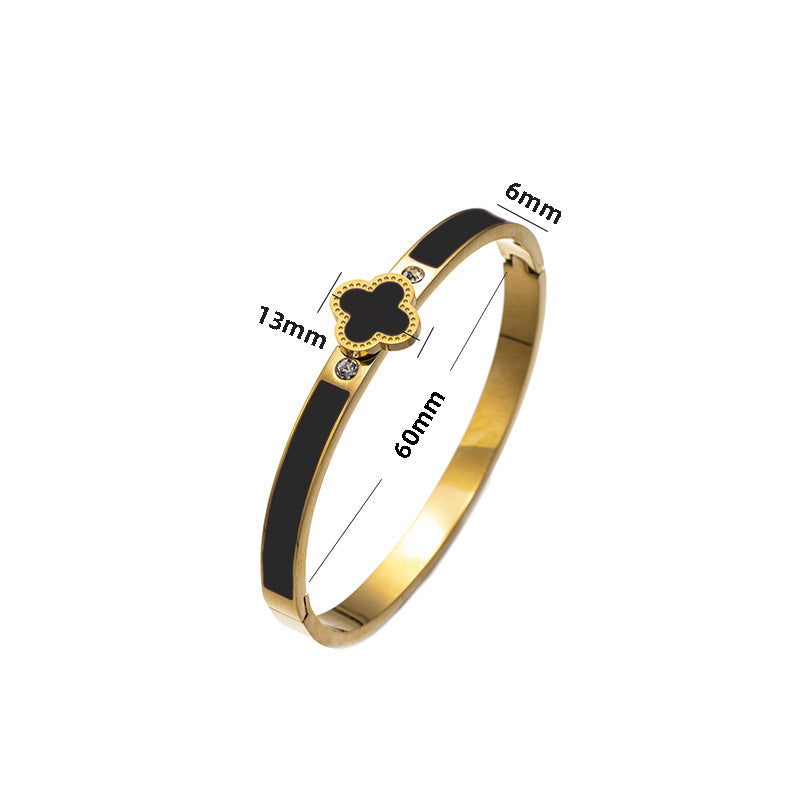 Minimalist Clover-Shaped Titanium Steel Bracelet with Enamel Finish, Polished Surface, Lightweight Fashion Accessory for Women