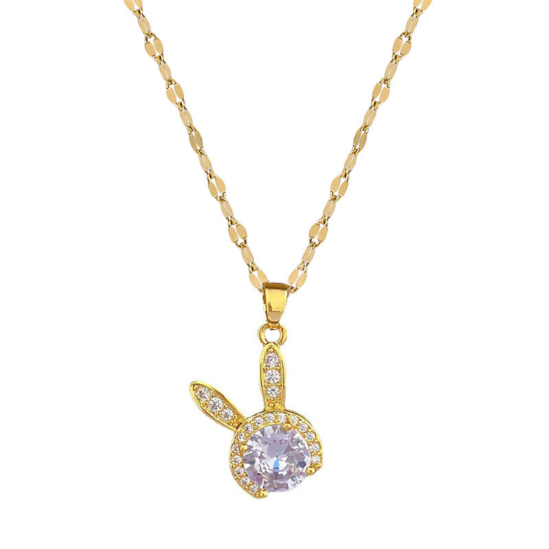 Luxury Rabbit Pendant Necklace for Women in Titanium Steel with Plated Finish, Geometric Design, Moon Motif, Delicate Clavicle Chain