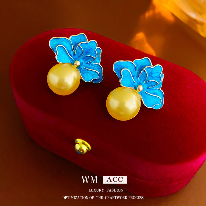 Vintage Floral Earrings with Enamel Finish and Pearl Accents in Alloy, French Retro Style Women's Fashion Ear Studs