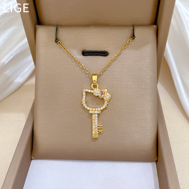 Sweet Cartoon Geometric Moon Cat Titanium Steel Necklace with Cubic Zirconia Brass Pendant for Unisex