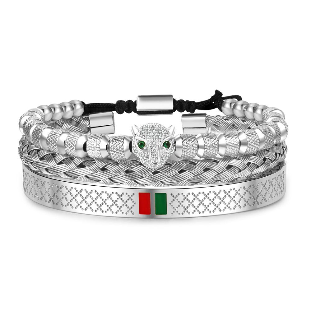 Hip-hop Men's Brass Cubic Zirconia Leopard Head Stainless Steel Bracelet Cuff Set
