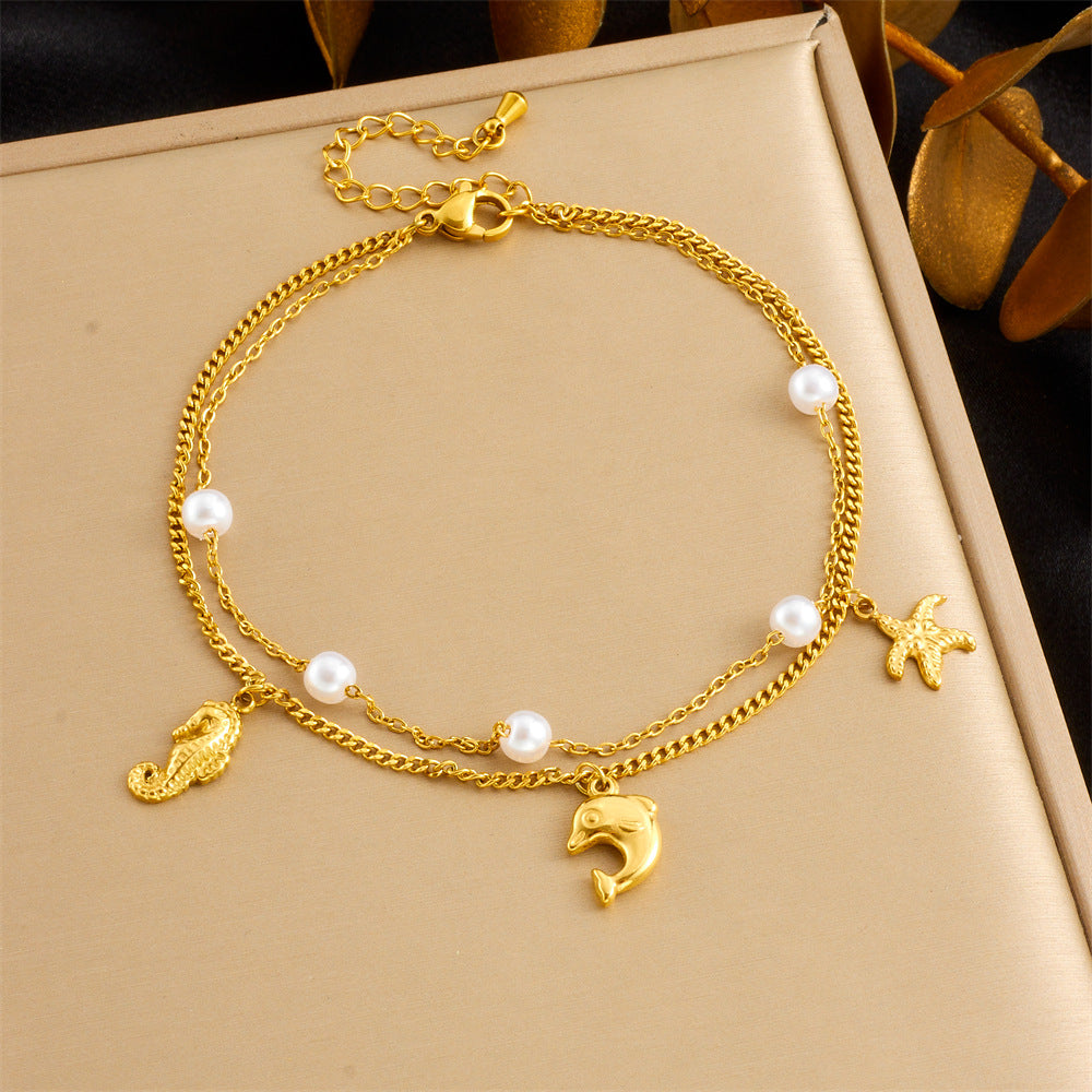 Elegant Double Layer Stainless Steel Starfish Pearl Anklet