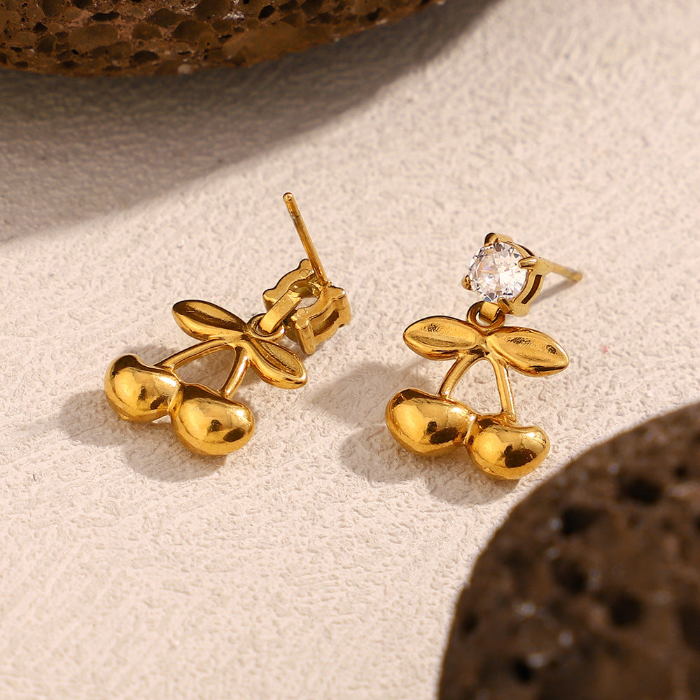 Cherry-Shaped Fashionable Stainless Steel Earrings with 18K Gold Plating and Zircon Accents for Women