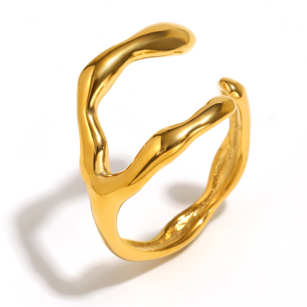 Anillo abierto de acero inoxidable chapado en oro de 18 quilates con diseño geométrico irregular minimalista para mujer
