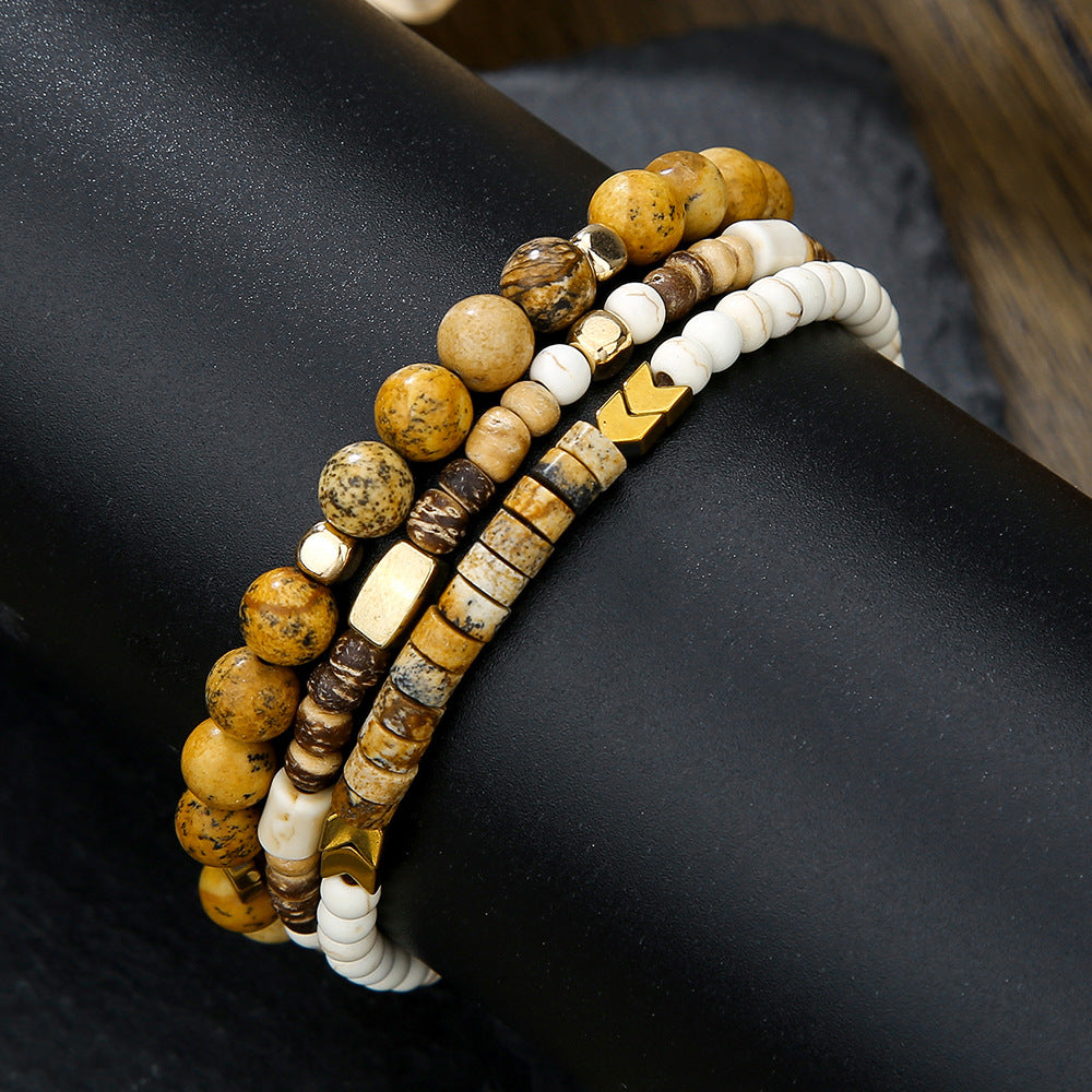 Bracciale elasticizzato con perline geometriche esagonali in ossidiana nera e occhio di tigre, da uomo e unisex, accessorio casual da lavoro e alla moda