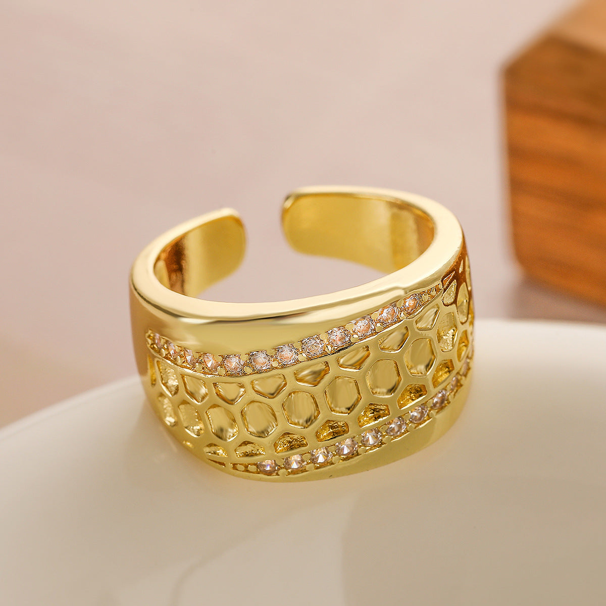 Geometric Wide Band Ring for Women in Copper with 18K Gold Plating and Zircon Inlay, Fashionable Adjustable Open-Style Band