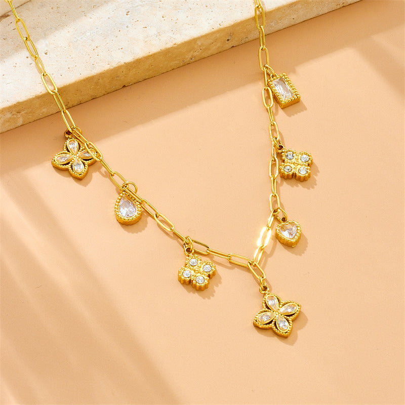 Vintage Elegant Rhinestone Teardrop Floral Geometric Plated Stainless Steel Pendant Necklace for Women