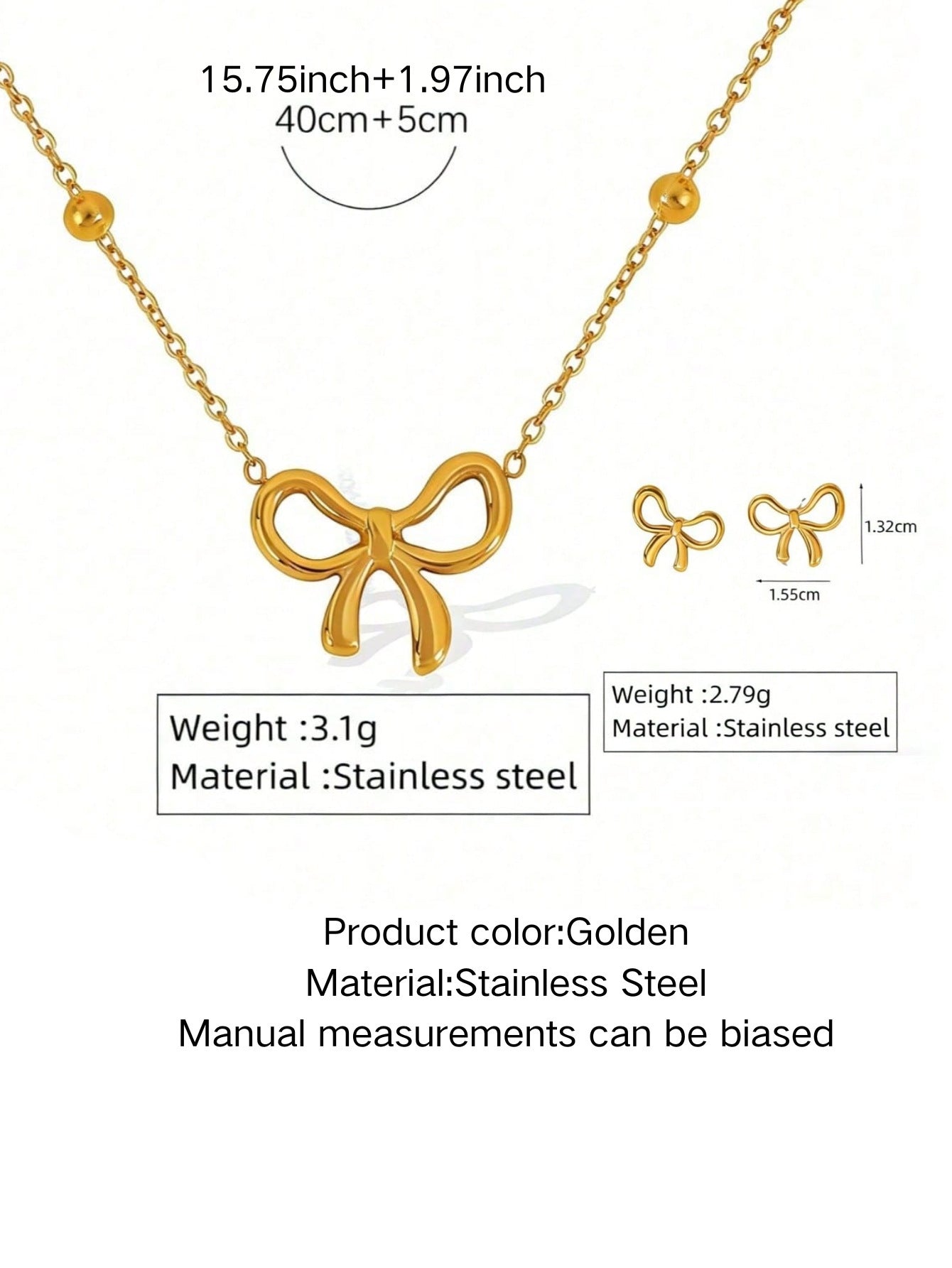 Elegante Set Collana Bracciale Orecchini in Acciaio Inox Placcato Oro 18K a Fiocco