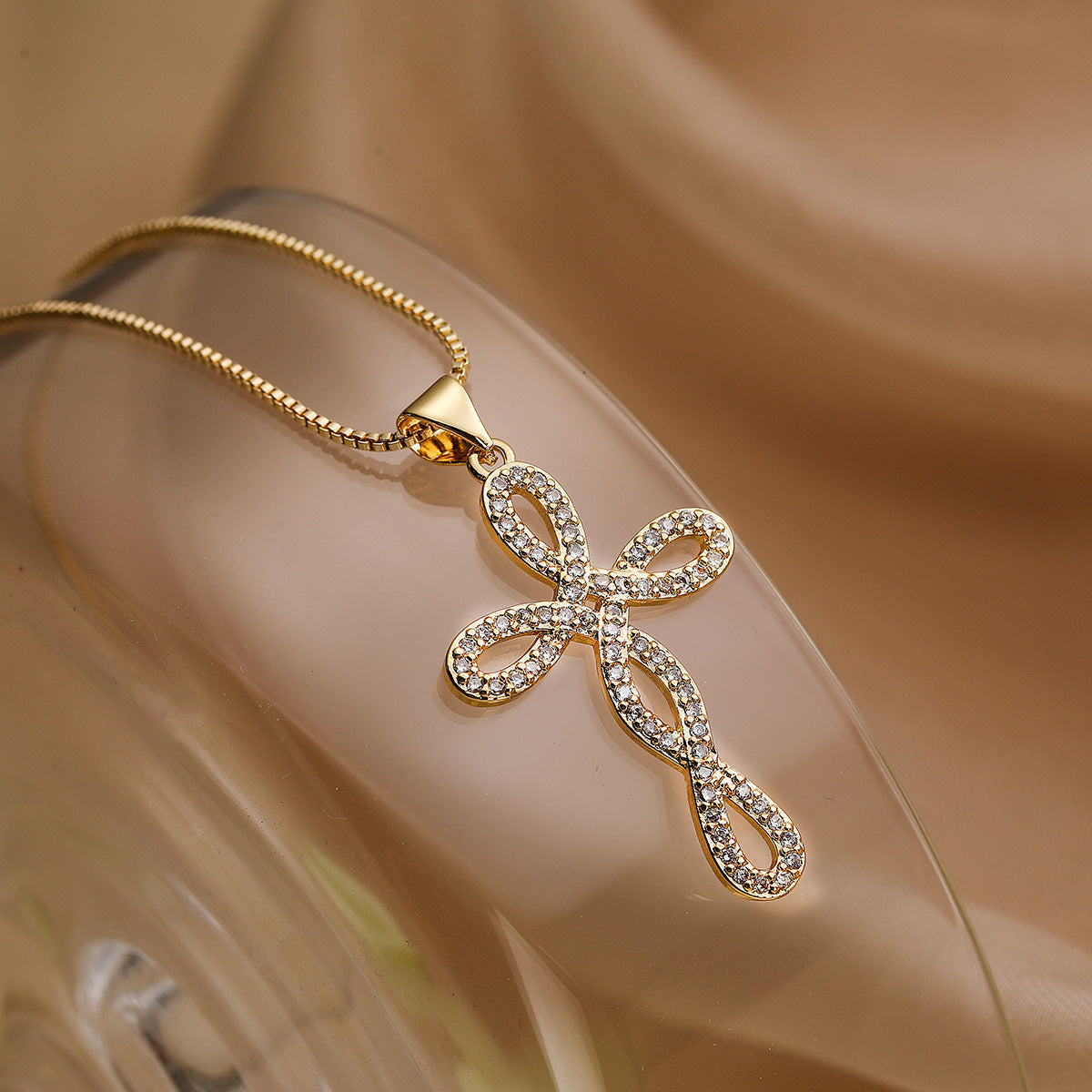 Minimalist Cross Pendant Necklace for Women in Brass with Real Gold Plating and Zircon Inlay