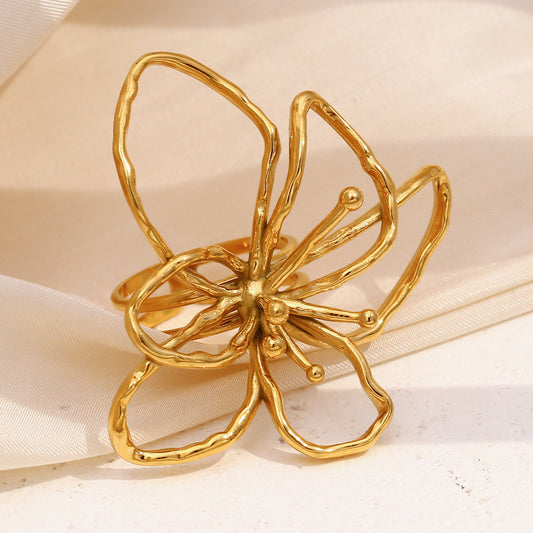 Anello Aperto Floreale Minimalista da Donna in Acciaio Inossidabile Placcato Oro 18K