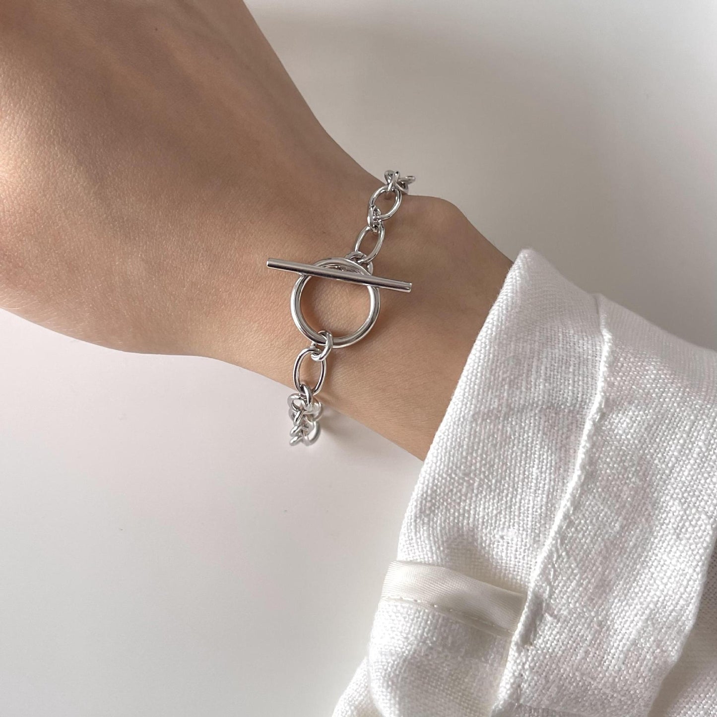 Pulsera de Cadena Redonda Ovalada Geométrica de Plata de Ley 925 Bañada en Oro Blanco para Mujer