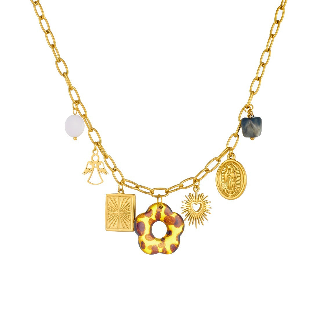 Vintage Gold Plated Stainless Steel Floral Square Oval Leopard Print Pendant Necklace