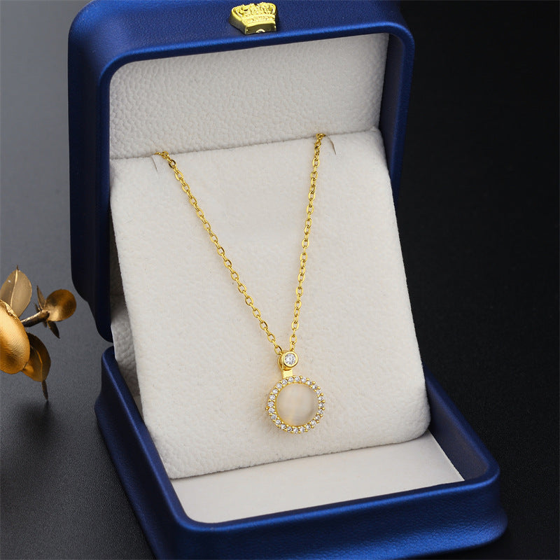 Rotating Cat's Eye Necklace for Women with Micro-Paved Zirconia, Titanium Steel Pendant on Wavy Chain, Geometric Design with Plated Finish