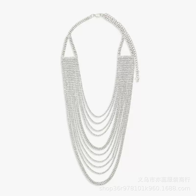 Minimalist Luxury Geometric Rhinestone Plated Alloy Multi-layer Tassel Necklace for Women
