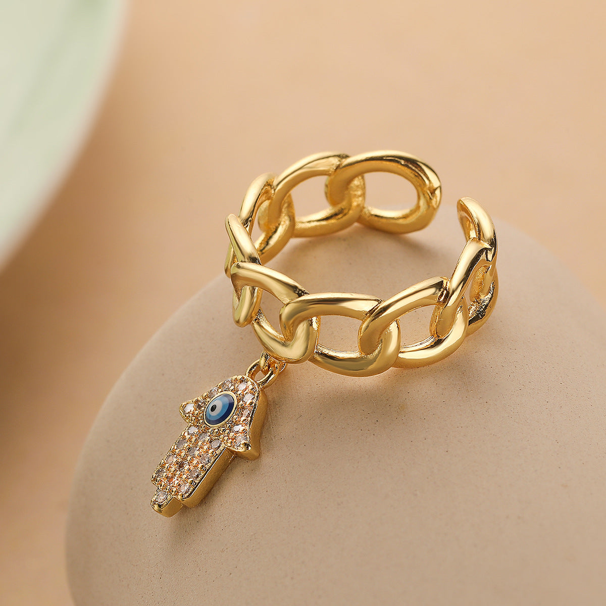 Minimalist Geometric Evil Eye Pendant Ring for Women in Copper with 18K Gold Plating and Micro-Paved Zircon