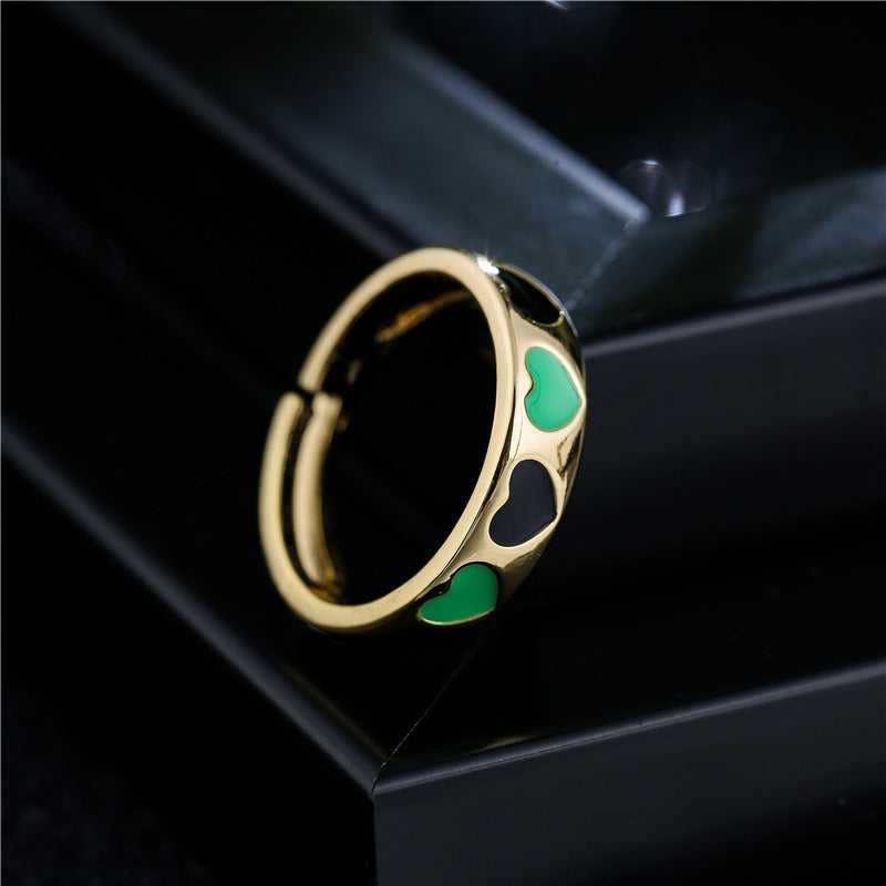 Mixed Color Drip Oil Heart Shaped Brass Ring for Women