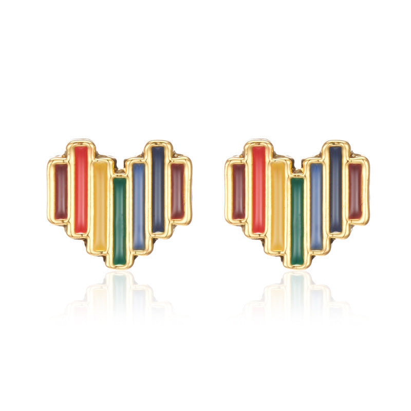 Orecchini da donna in lega con cuore arcobaleno minimalista a strisce effetto olio a goccia