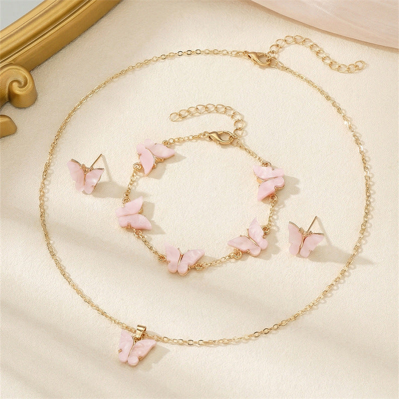 Set di collana con ciondolo a farfalla minimalista per ragazze, gioielli placcati in lega con catena di perline