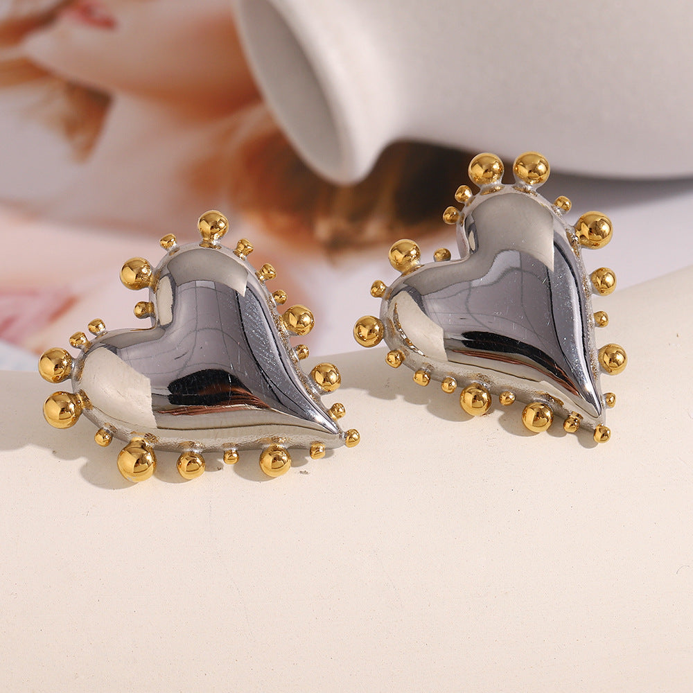 Fashionable Minimalist Heart-Shaped Stainless Steel Earrings with 18K Gold Plated Beaded Edge for Women