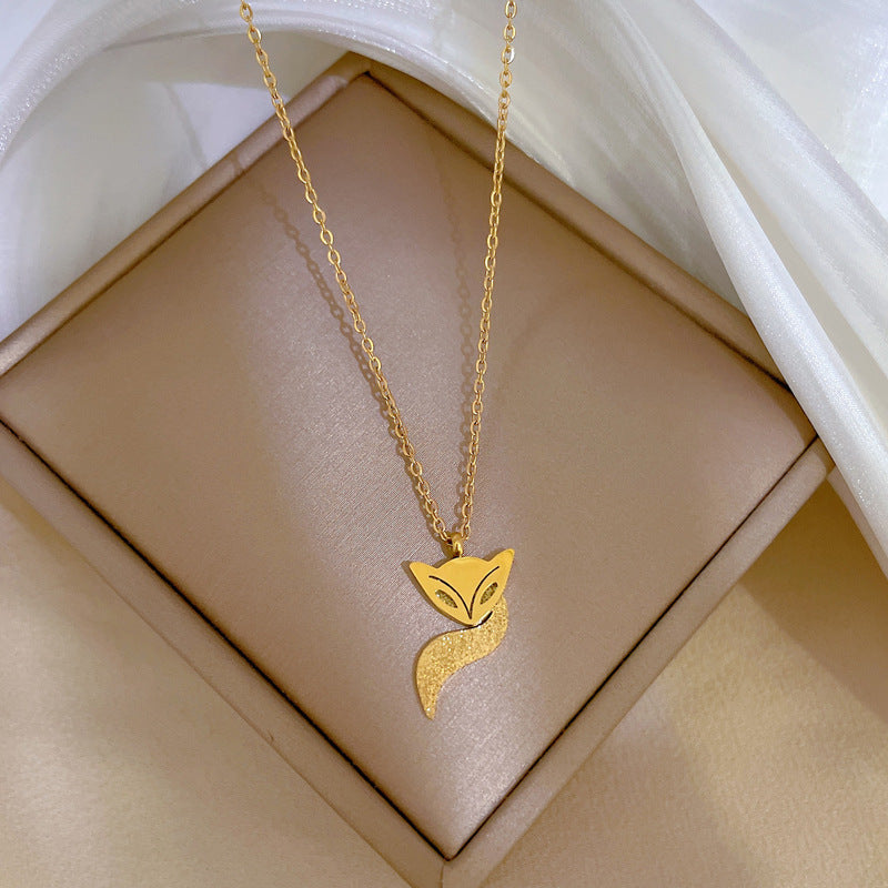 Minimalist Fox Pendant Necklace in Titanium Steel with Gold Plating for Women and Men, Geometric Locket Style Clavicle Chain