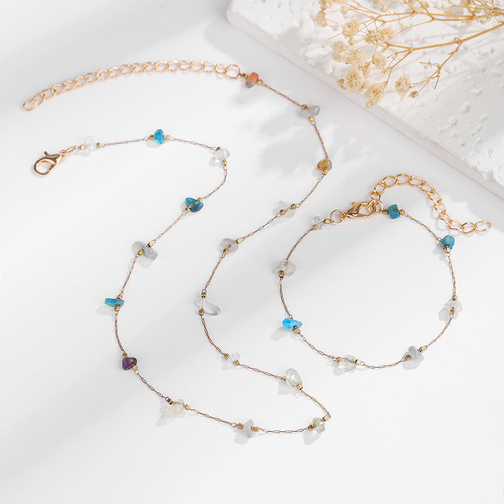 Colorful Irregular Raw Stone Geometric Necklace and Bracelet Set for Women