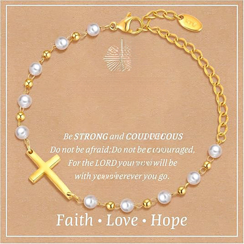 Luxury Elegant Gold Plated Cross Pearl Bracelet for Women