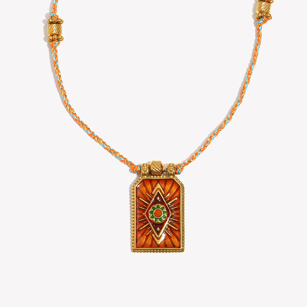 Minimalist Geometric Stainless Steel Plated 18K Gold Handwoven Colorful Cord Eye Charm Necklace for Women