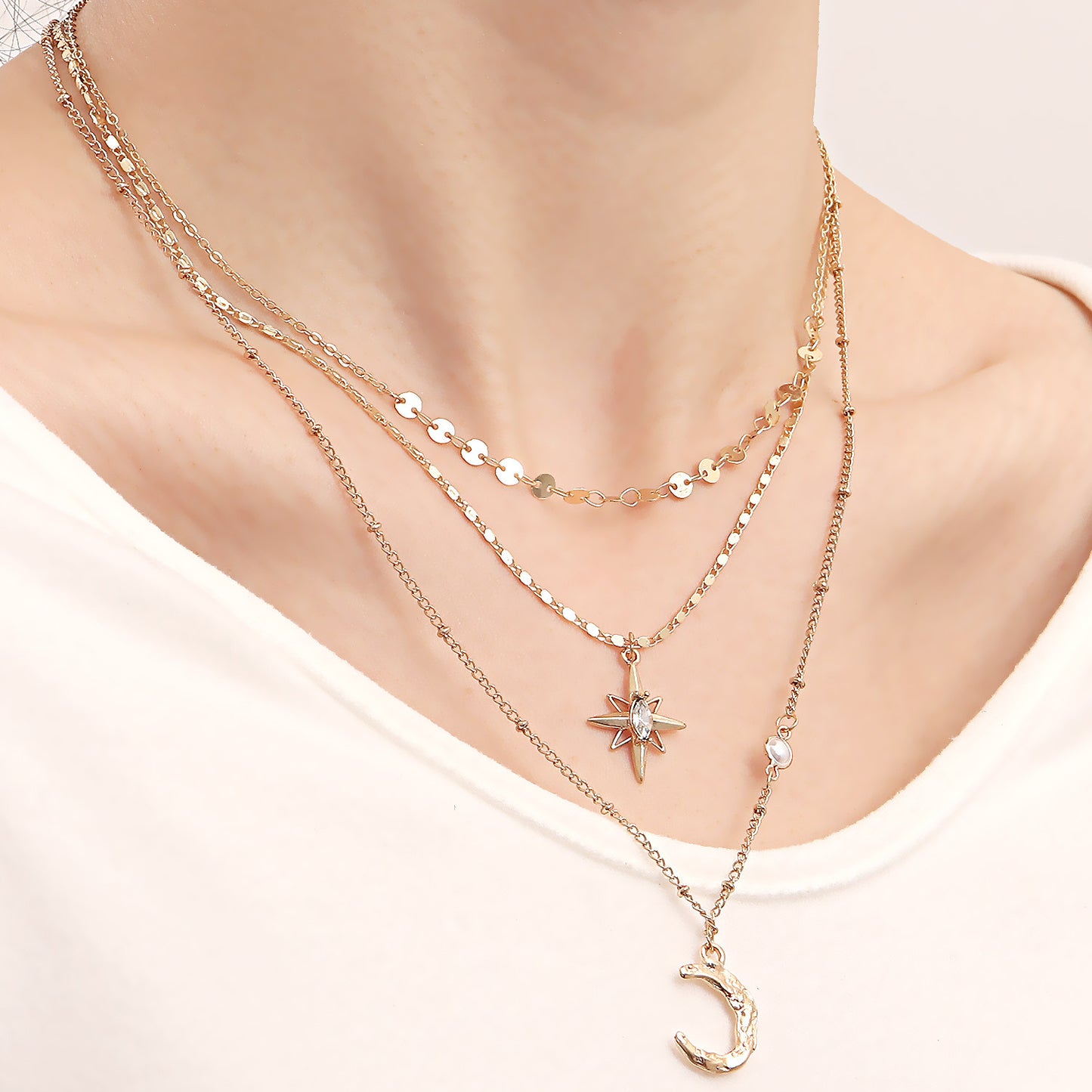 Minimalist Geometric Moon and Star Pendant Necklace in Alloy with Plated Finish for Women
