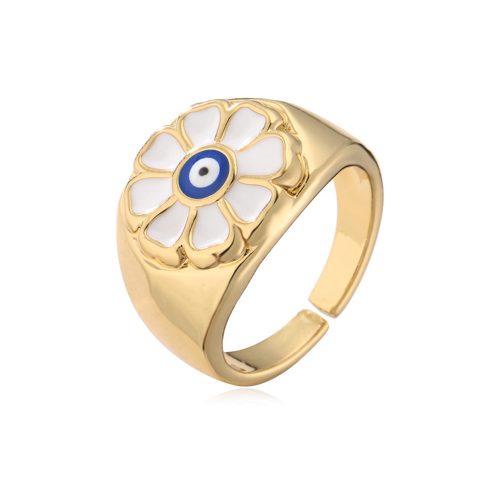 Bohemian Copper Ring with 18K Gold Plating and Enamel Floral Design for Women