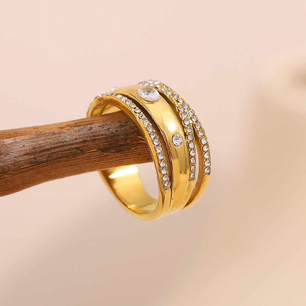 Minimalist Geometric Stainless Steel Ring with 18K Gold Plating and Multi-Layer Zirconia Accents for Women