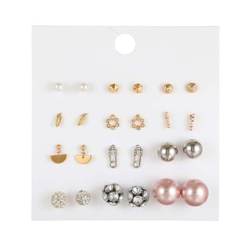 Vintage Sweet Heart Geometric Floral Rhinestone Inlay Alloy Stud Earrings Set