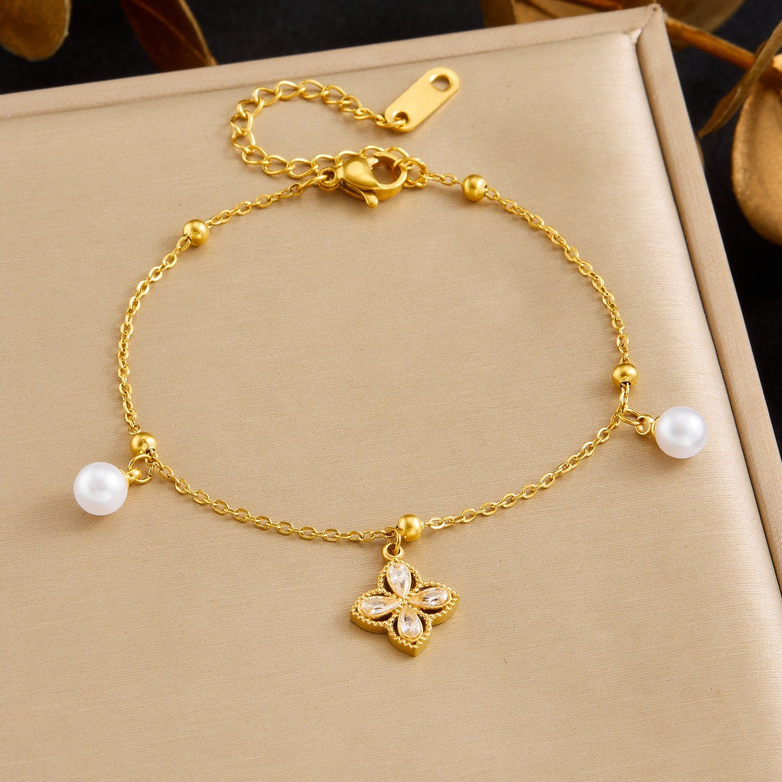 Elegant Business Gold Plated Stainless Steel Square Floral Rhinestone and Imitation Pearl Bracelet