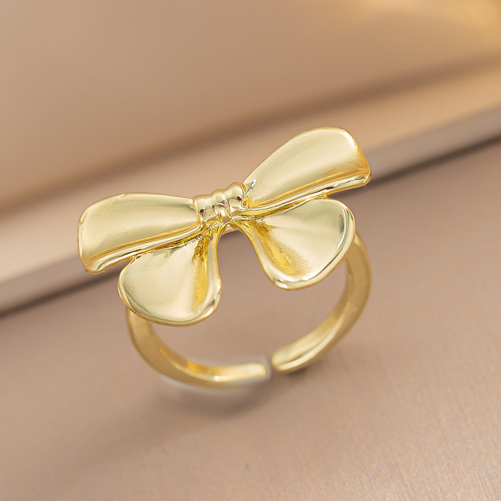 Luxury Minimalist Adjustable Open Ring for Women with Gold-Plated Copper Band and Zircon Stone Accent in Heart and Floral Shape
