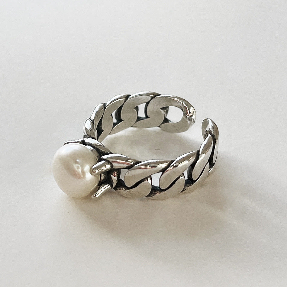 S925 Sterling Silver Vintage Minimalist Pearl Open Ring with Four-Prong Setting