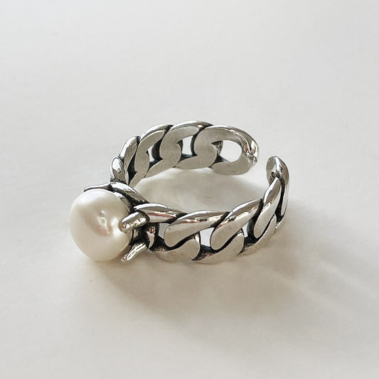 S925 Sterling Silver Vintage Minimalist Pearl Open Ring with Four-Prong Setting