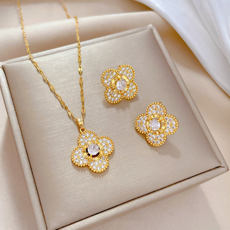 Luxury Titanium Steel Micro-Pave Four-Leaf Clover Necklace and Earrings Set for Women, Geometric Design, Plated Finish, Elegant Evening Wear