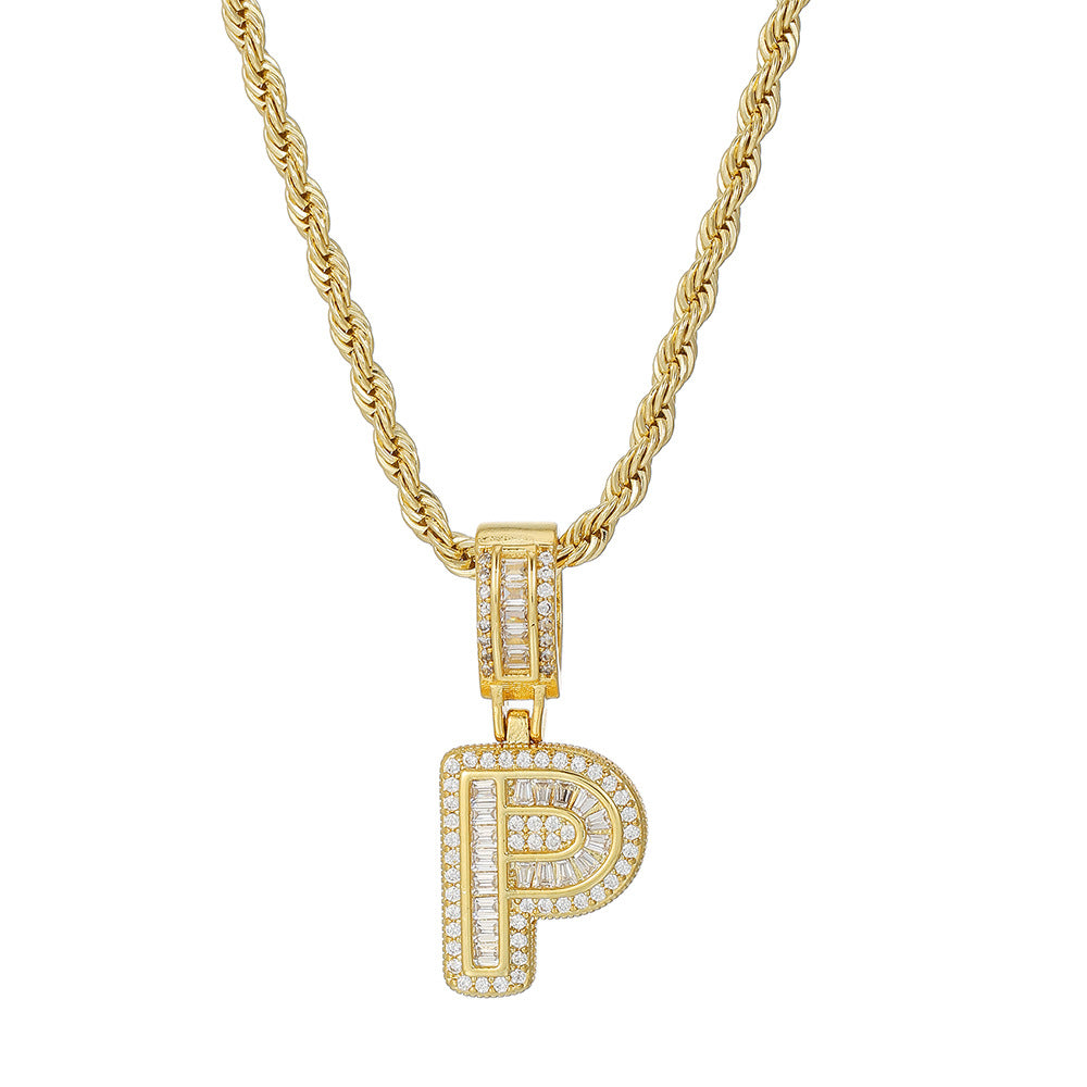 Personalized 18K Gold Plated Brass Cubic Zirconia Letter Pendant Necklace with Stainless Steel Rope Chain