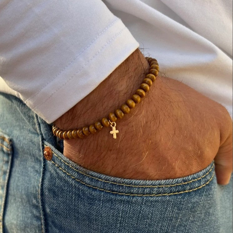 Handmade Round Wood Bead and Alloy Bracelet Unisex Geometric Stackable Jewelry