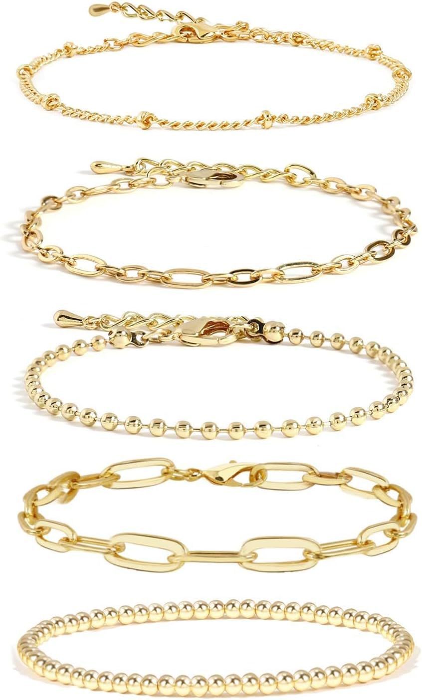 Bohemian Minimalist Geometric Plated Alloy Cuban Link Chain Pearl Bracelet Set for Women