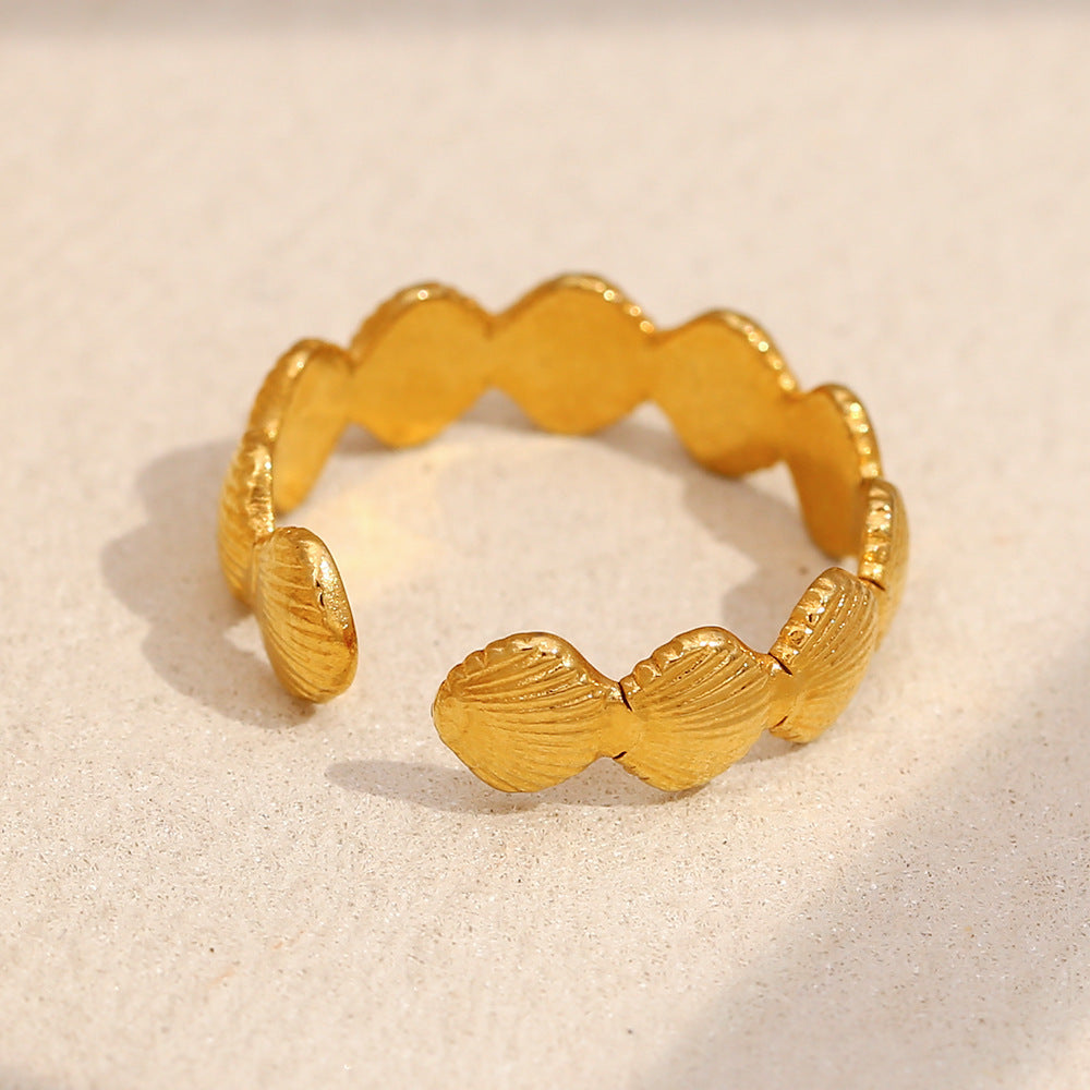 Minimalist Geometric Stainless Steel Ring with 18K Gold Plating and Shell Motif for Women