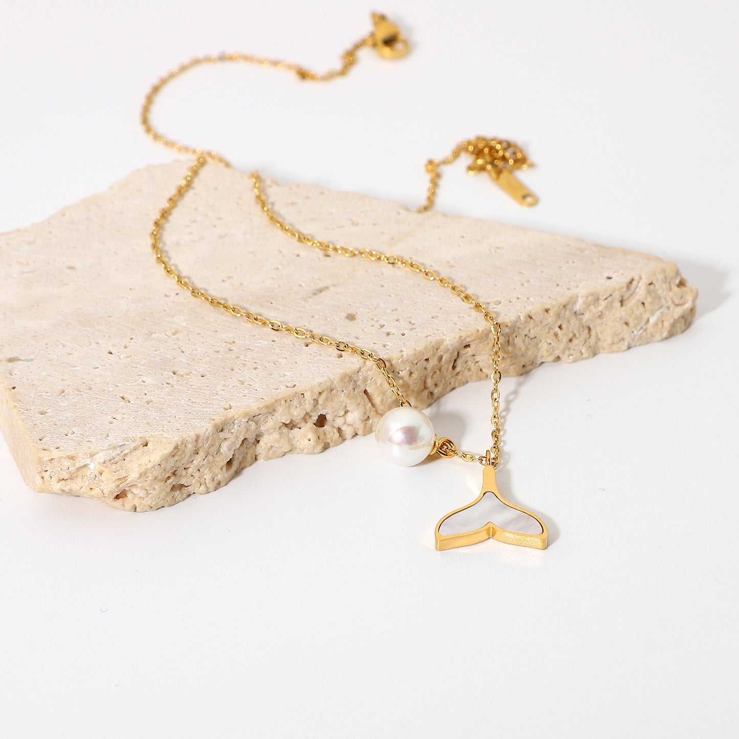 INS-Inspired Geometric Shell Mermaid Pearl Pendant Necklace for Women in Stainless Steel with 14K Gold Plating