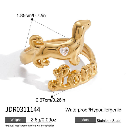 Minimalist Geometric Dachshund Love Ring with Cubic Zirconia PVD Stainless Steel Jewelry for Women