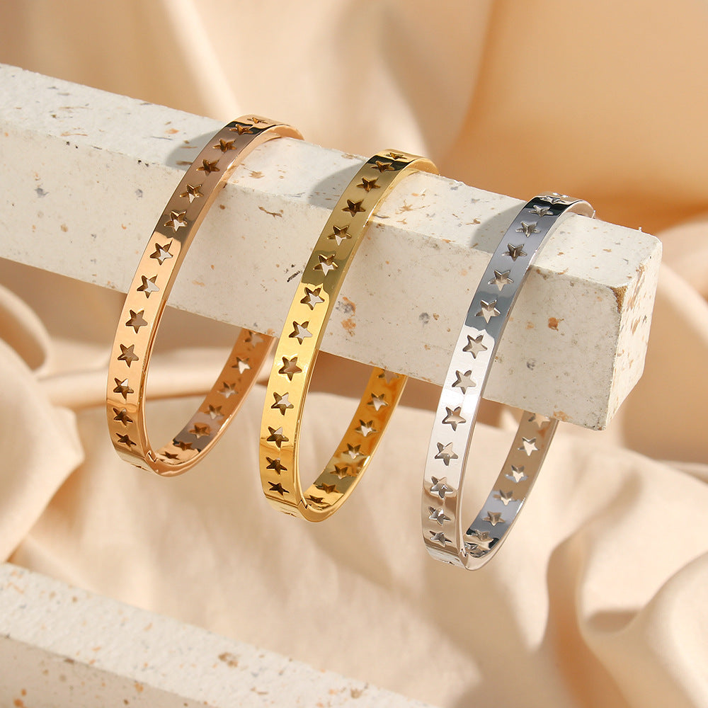 Fashion Rose Gold Plated 18K Stainless Steel Hollow Star Pattern Cuff Bracelet