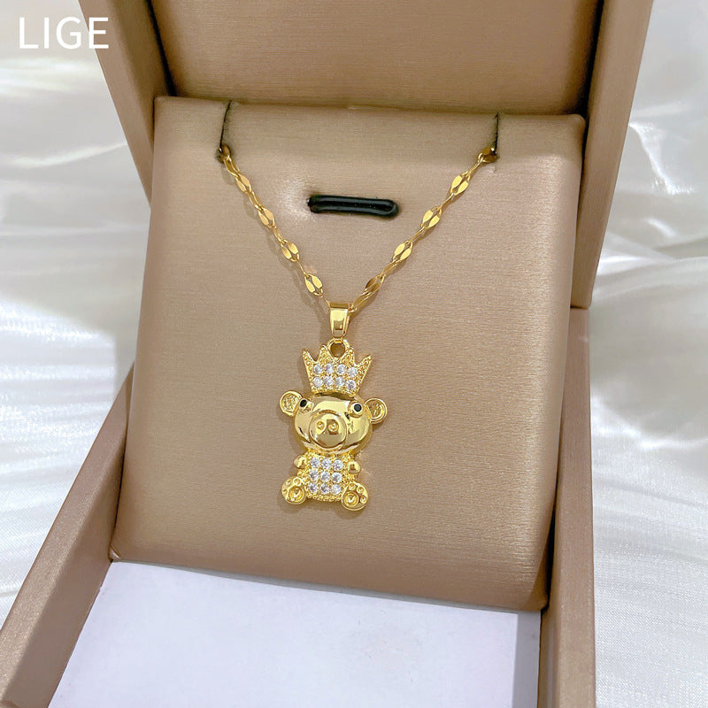 Minimalist Crown Bear Pendant Necklace in Titanium Steel with Rhinestone Accents for Women and Men