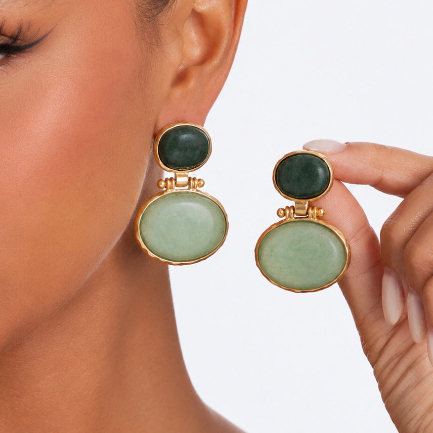 Vintage Elegant Oval Geometric Resin Gemstone Inlay Plated Earrings for Women